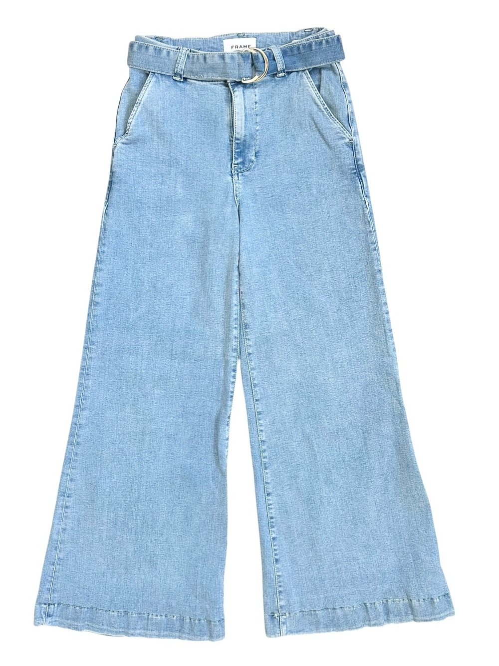 Frame Light Wash High Rise Zipper Fly Belted Wide Leg Cropped Jeans Size 25